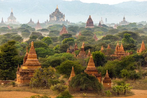 Pagoda landscape in the plain of Bagan, Myanmar (Burma)